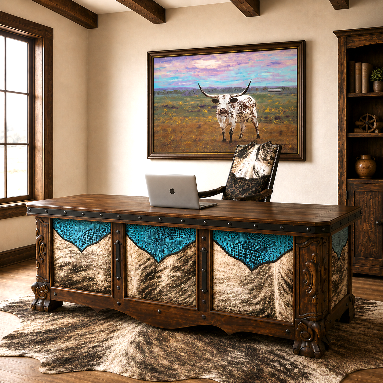Tex Exec Western office desk with turquoise embossed croc leather, brindle cowhide panels, hand carved solid wood, and rustic executive office styling. Shown with cowhide and leather office chair and Pearl - Longhorn Canvas Art