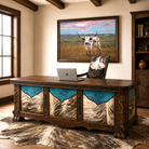 Tex Exec Western office desk with turquoise embossed croc leather, brindle cowhide panels, hand carved solid wood, and rustic executive office styling. Shown with cowhide and leather office chair and Pearl - Longhorn Canvas Art