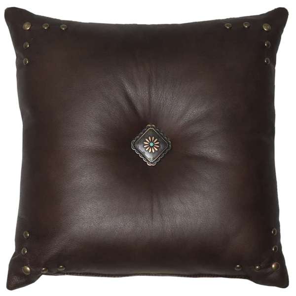 Dark brown leather accent pillow with western concho and studs made in the USA - Your Western Decor