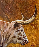 Painting of a longhorn cow's head with large horns on a textured brown and gold background - Art by Sherri Alexander made in the USA - Your Western Decor