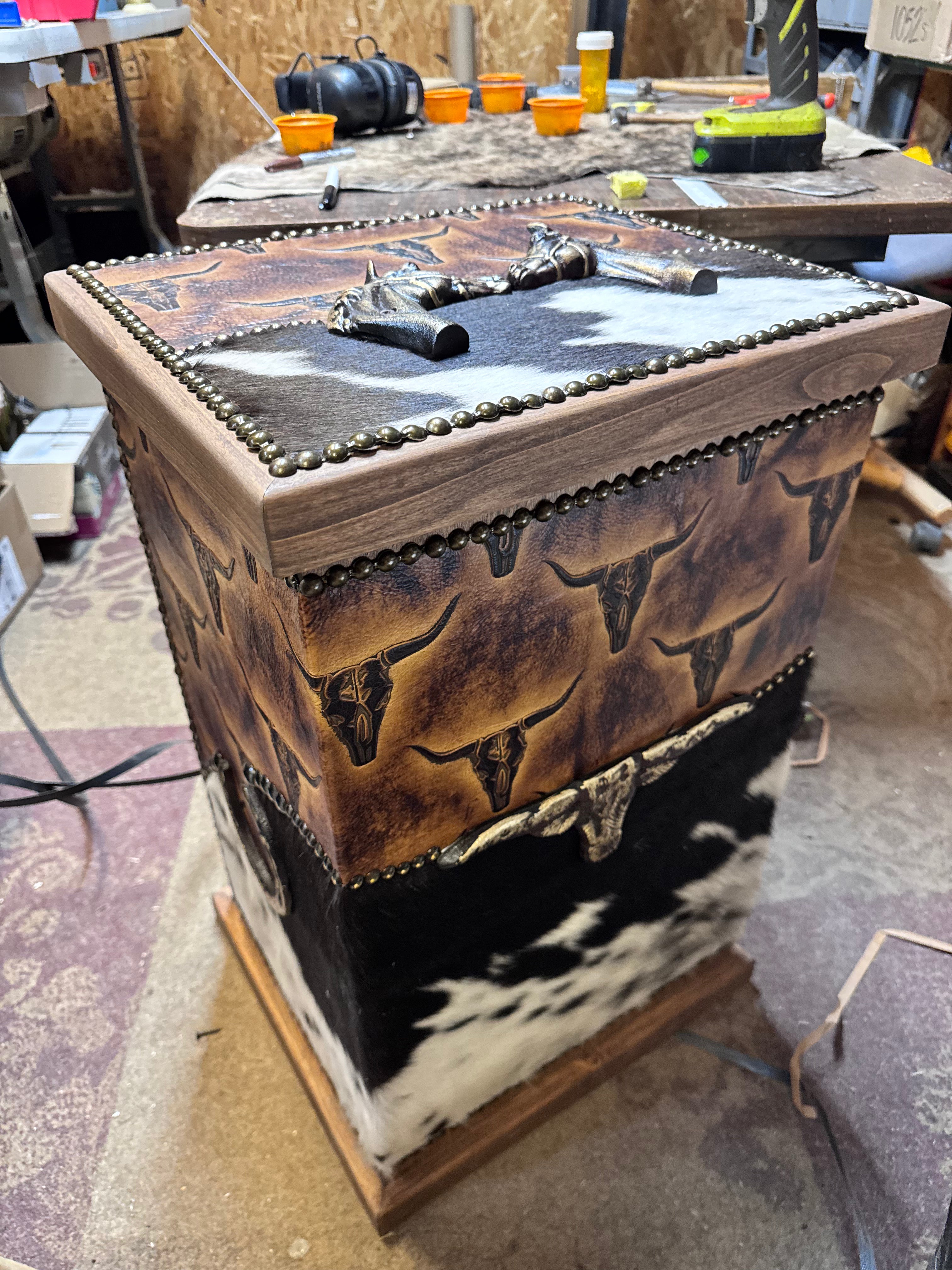 Storage bin with leather and cowhide - your western decor