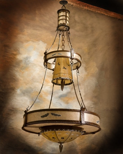 The Painted Feather Chandelier handmade of iron, mica, and rawhide in the USA - Your Western Decor