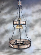 mica, iron, and rawhide 3-tier chandelier with hand-painted feathers