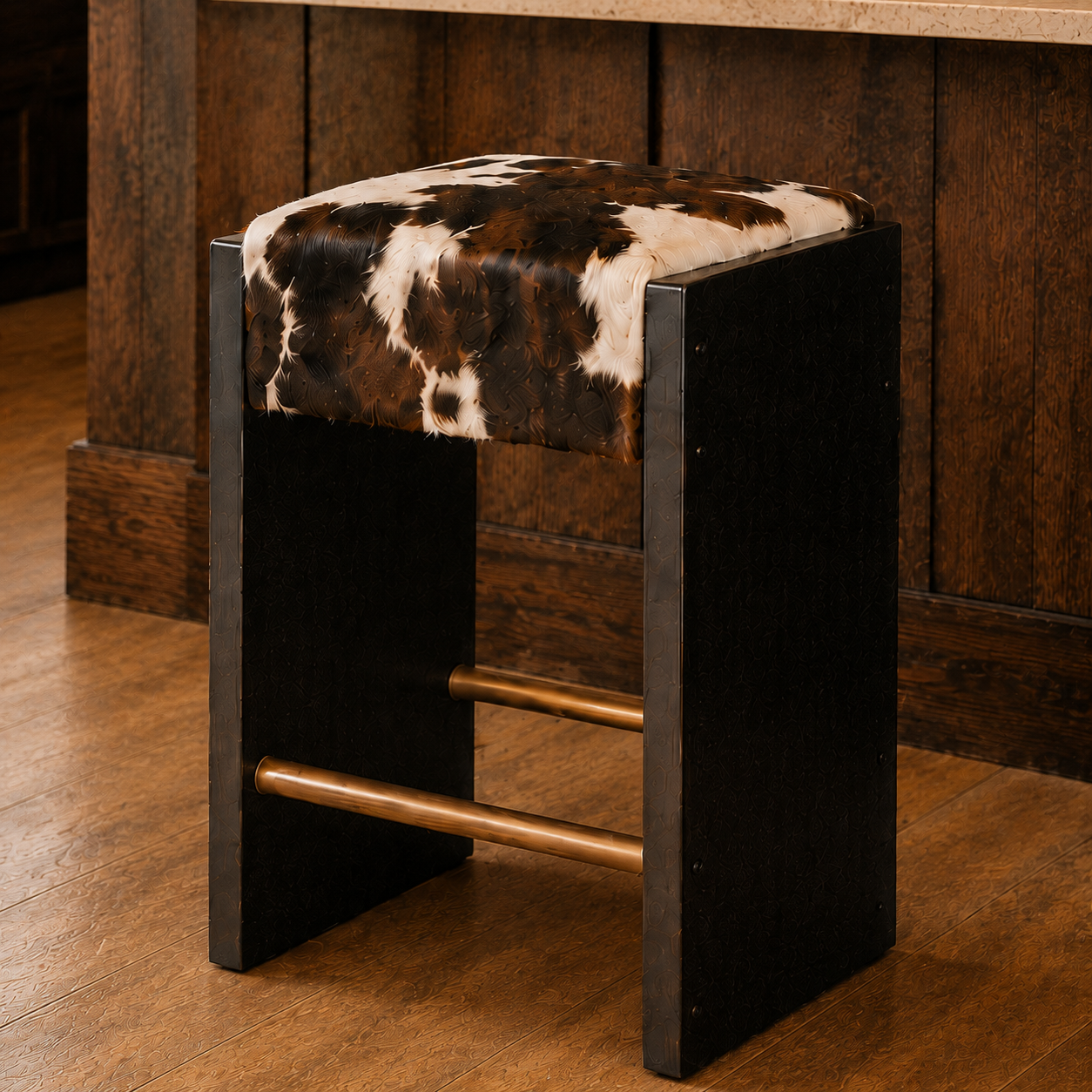 A rustic wooden stool with a black frame, a cowhide upholstered seat, and brass-colored metal footrests, set in a warm wood-paneled room.