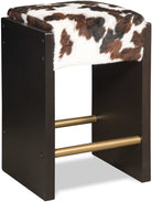 Tricolor cowhide upholstered modern rustic bar stool. Custom made to order in the USA. Black frame