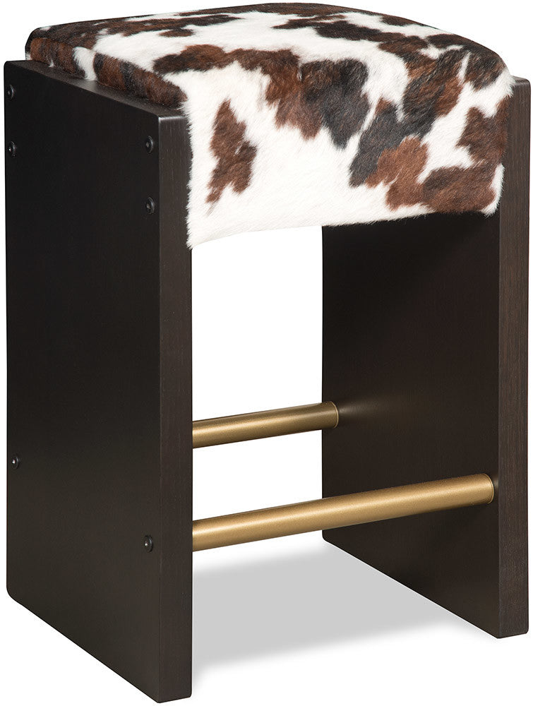 Tricolor cowhide upholstered modern rustic bar stool. Custom made to order in the USA. Black frame
