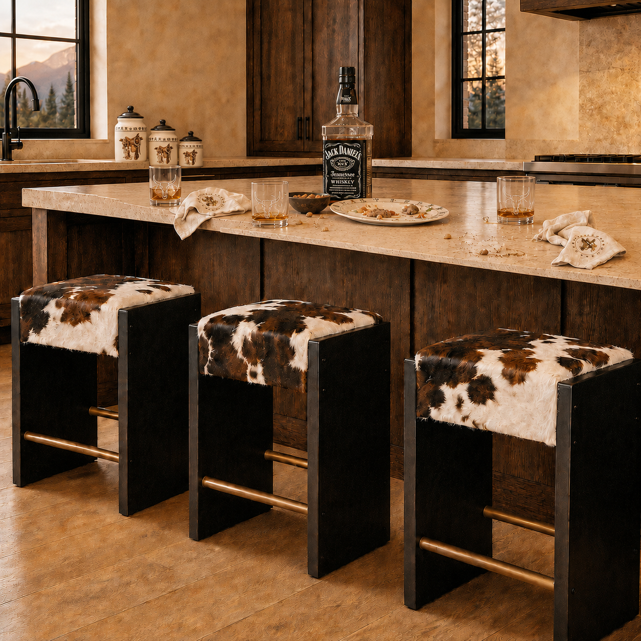 Three modern western bar stools with black wood frames and cowhide seats sit at a kitchen island. A Jack Daniel's bottle and glasses are on the counter, with a rustic kitchen interior in the background.