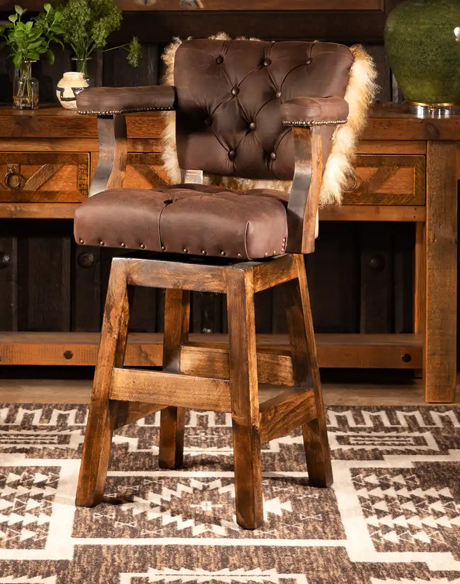 American made Tibetan Wool & Tufted Brown Leather Bar Stool - Your Western Decor