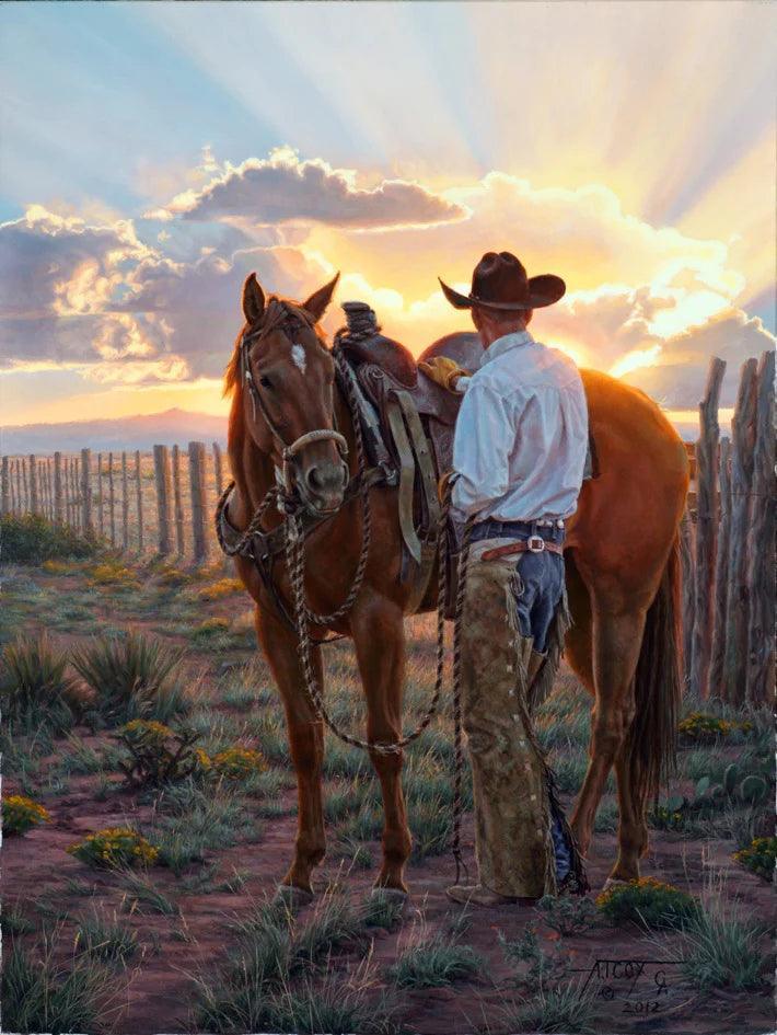 Tim Cox western art cowboy wall art canvas horse sunset ranch scene