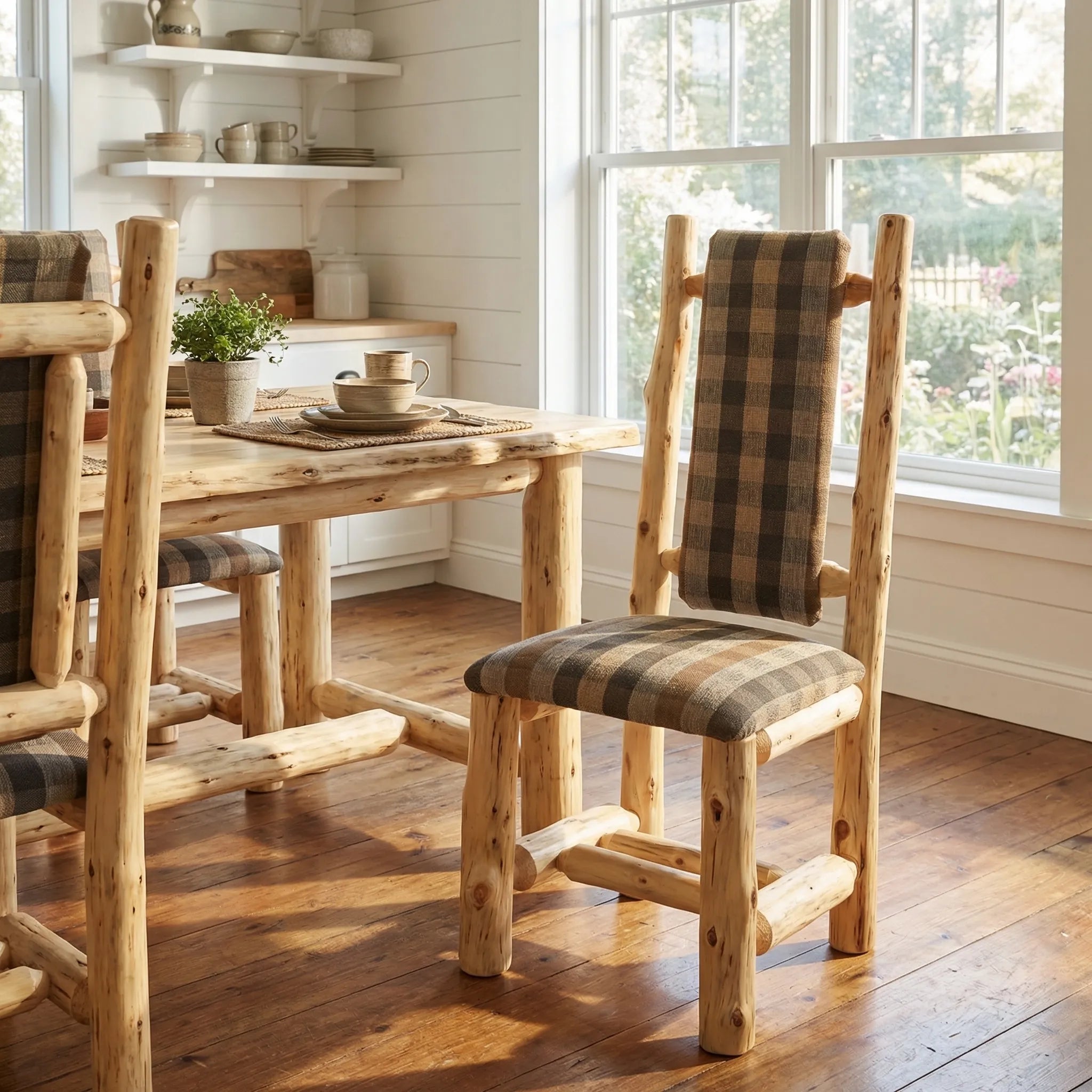 Timber Ridge cedar log upholstered dining chair with plaid fabric seat rustic lodge furniture USA made