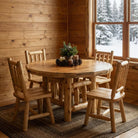 Round cedar log dining table and chairs with natural finish and handcrafted log bases in rustic lodge style, American made solid wood furniture