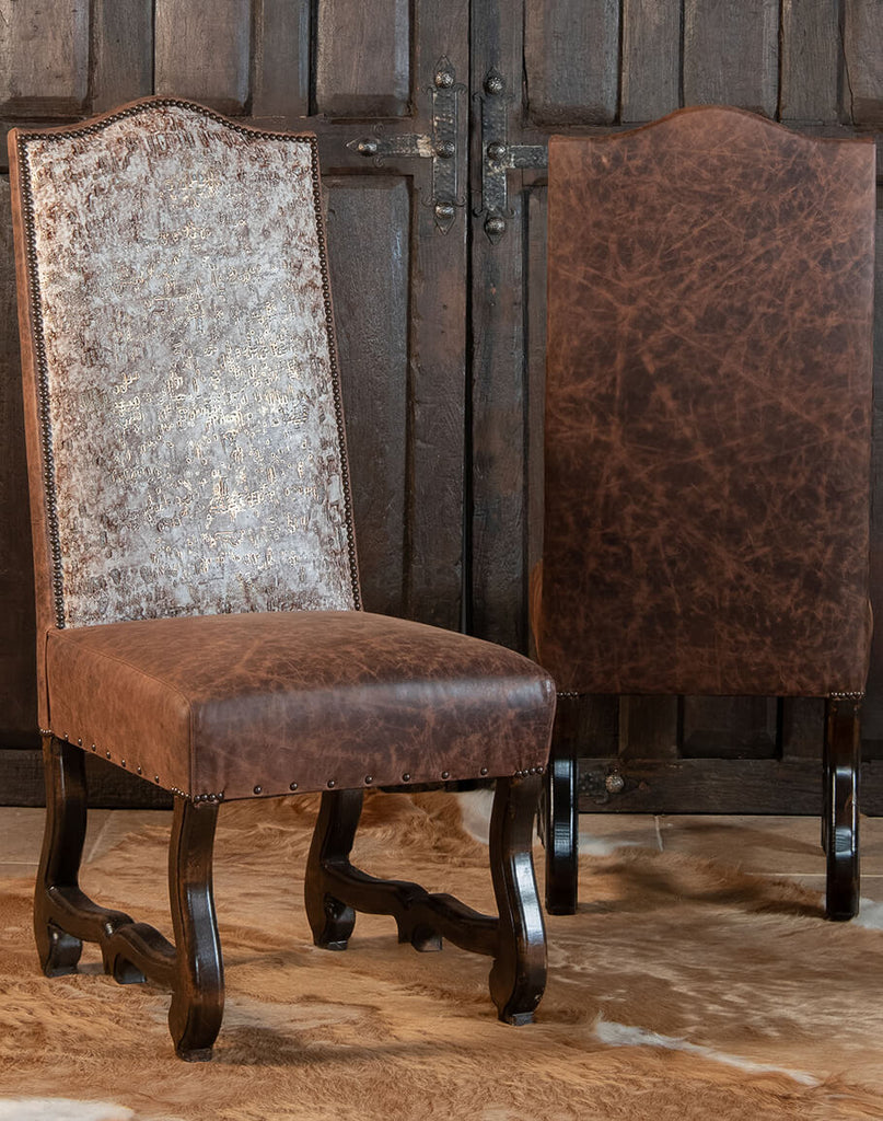 Timberlake Leather Dining Chairs with Driftwood Embossed Leather & Timberlake Smooth Leather - Your Western Decor