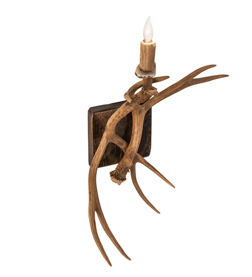 Elk antler wall sconce with natural shed antlers and candle style light for rustic lodge design