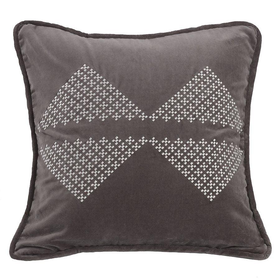 Grey velvet Timberline Lodge throw pillow with white embroidery bow-tie shape design - Your Western Decor