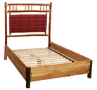 Timberline lodge bed with custom plaid fabric upholstered headboard 