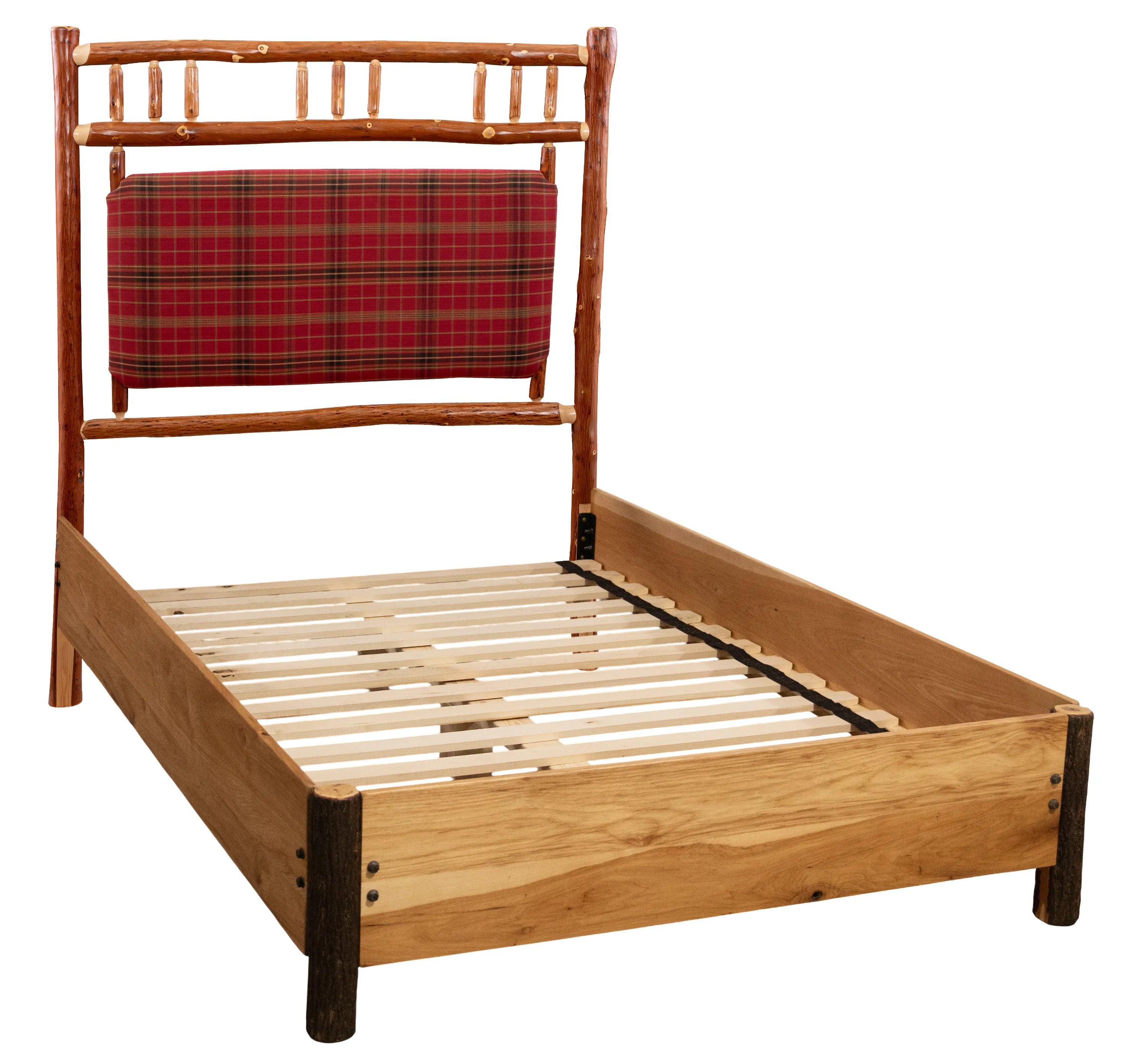 Timberline lodge bed with custom plaid fabric upholstered headboard 