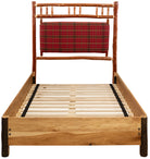 Timberline lodge bed with custom plaid fabric upholstered headboard 