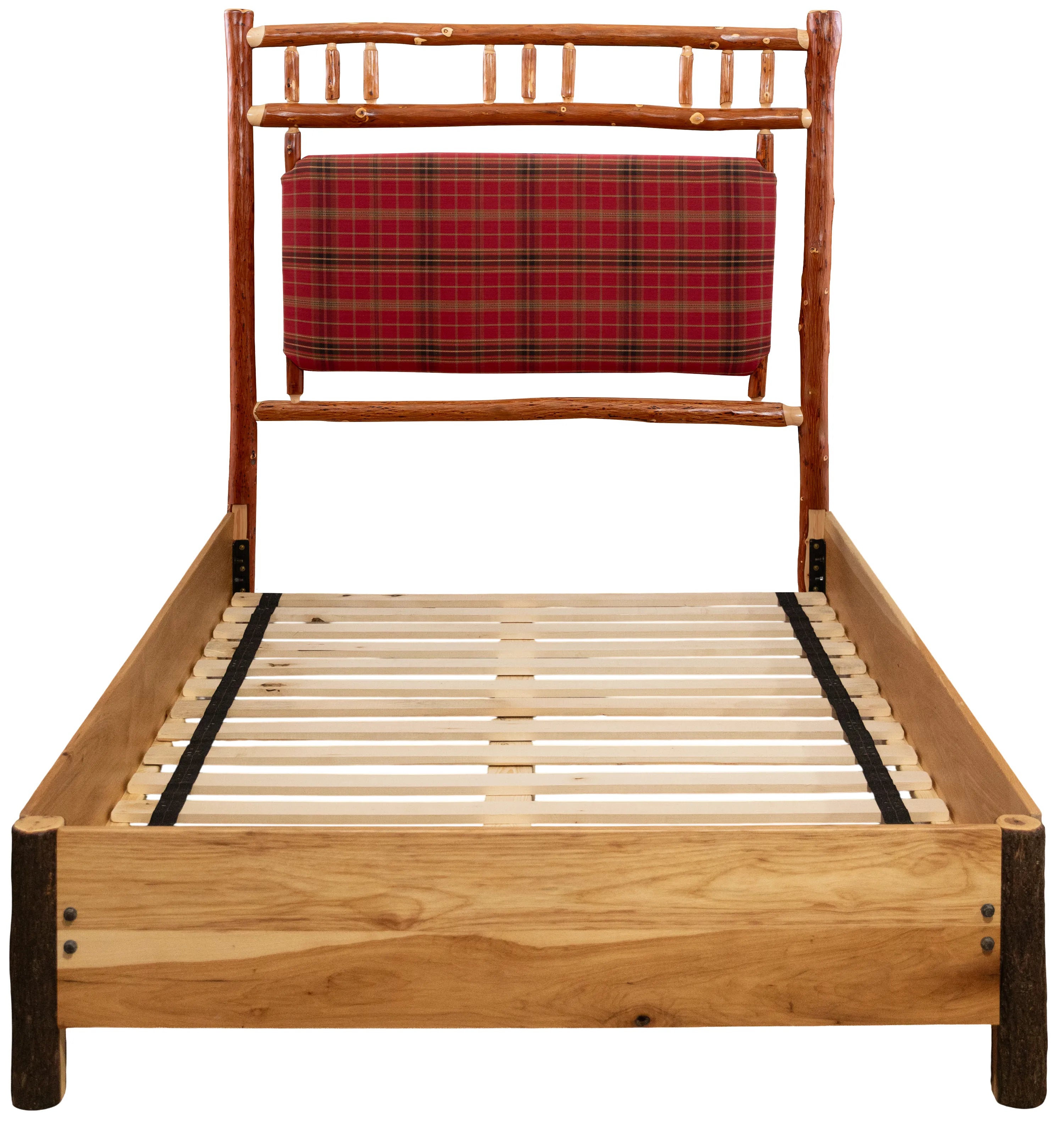 Timberline lodge bed with custom plaid fabric upholstered headboard 