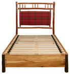 Timberline lodge platform bed with custom plaid fabric upholstered headboard 