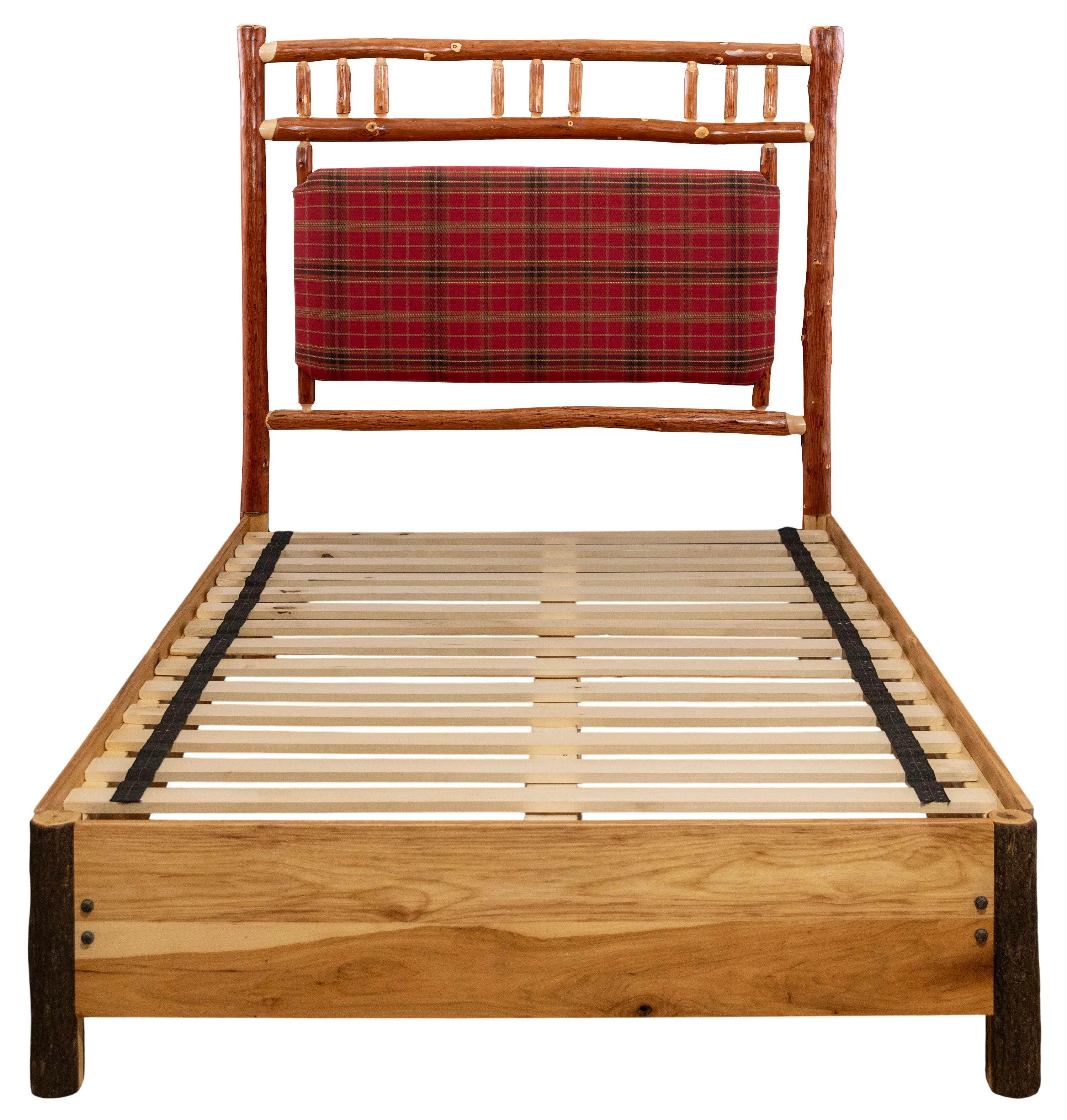 Timberline lodge platform bed with custom plaid fabric upholstered headboard 