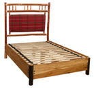 Timberline lodge platform bed with custom plaid fabric upholstered headboard 