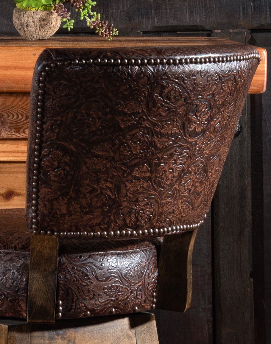 Embossed brown leather bar chair seat back - American made bar chairs - Your Western Decor