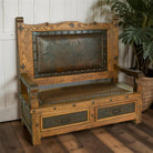Tooled leather entryway storage bench 