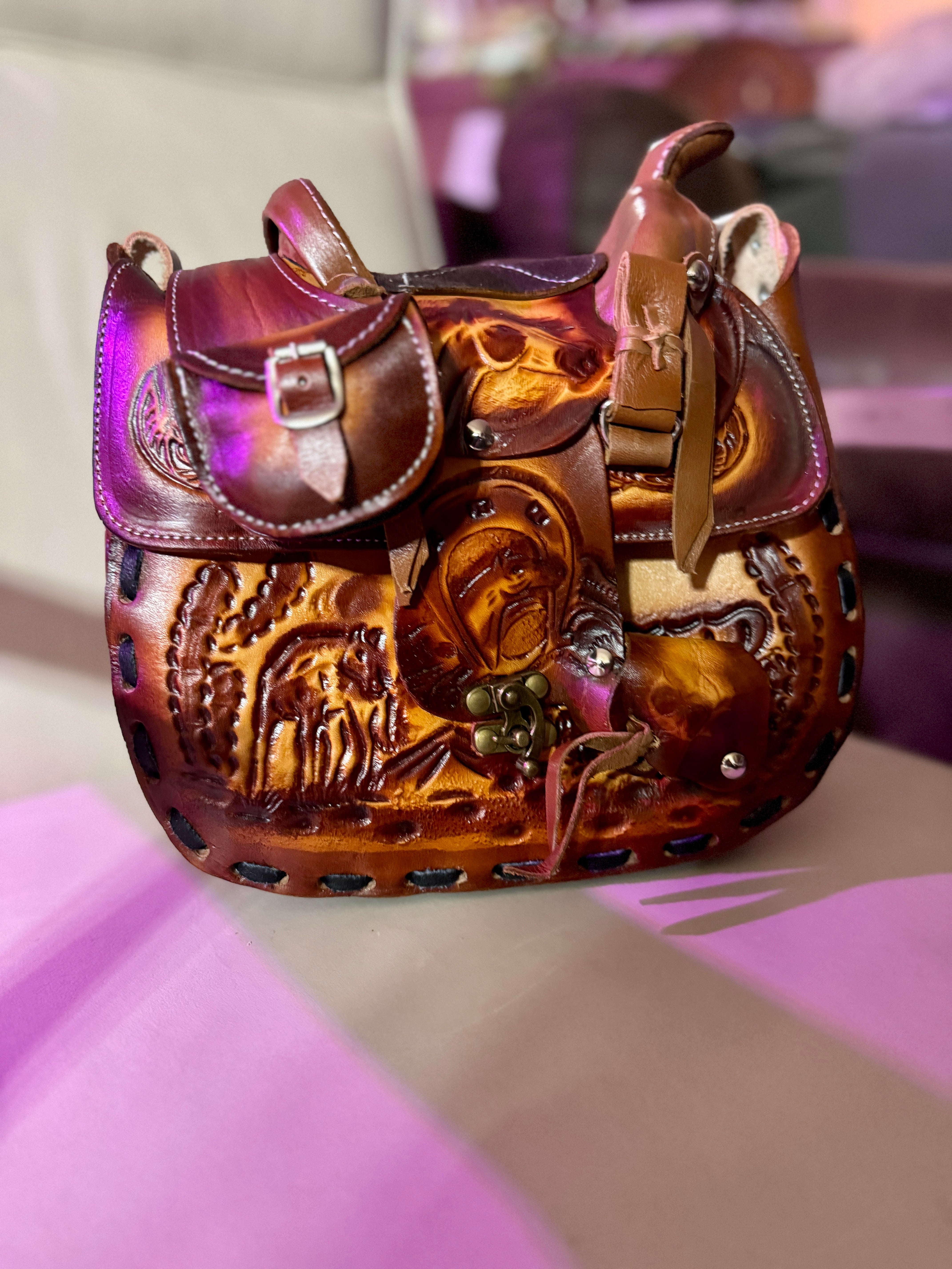 Hand tooled genuine leather saddle purse - Your Western Decor