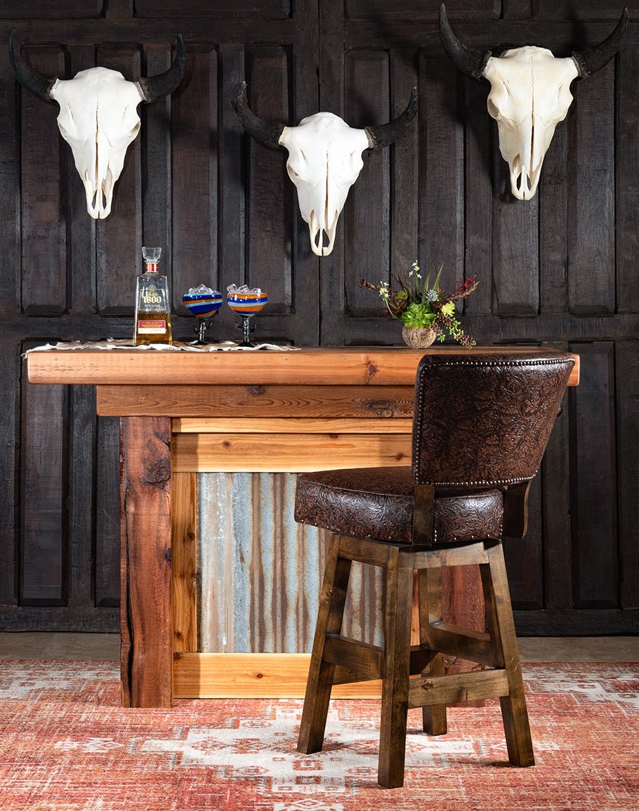 Embossed Brown Leather Western Bar Stool - USA made western bar furniture - Your Western Decor