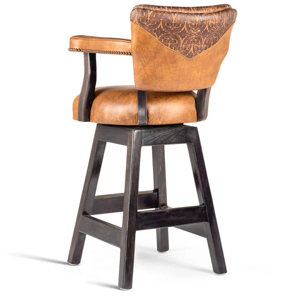 Tooled yoke tan leather swivel bar stool with arms and back - Your Western Decor