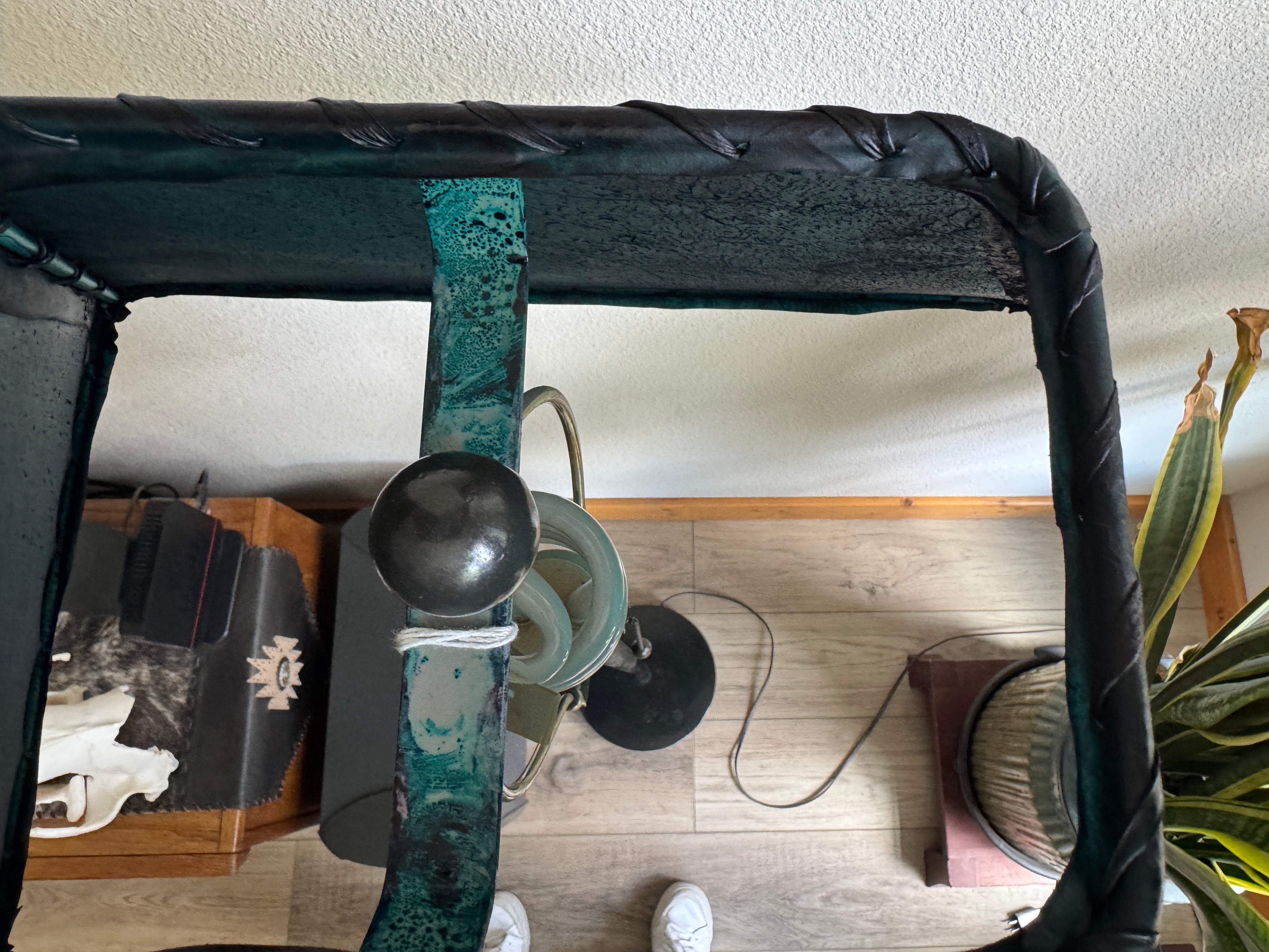 Top view of teal green rectangle rawhide lamp shade