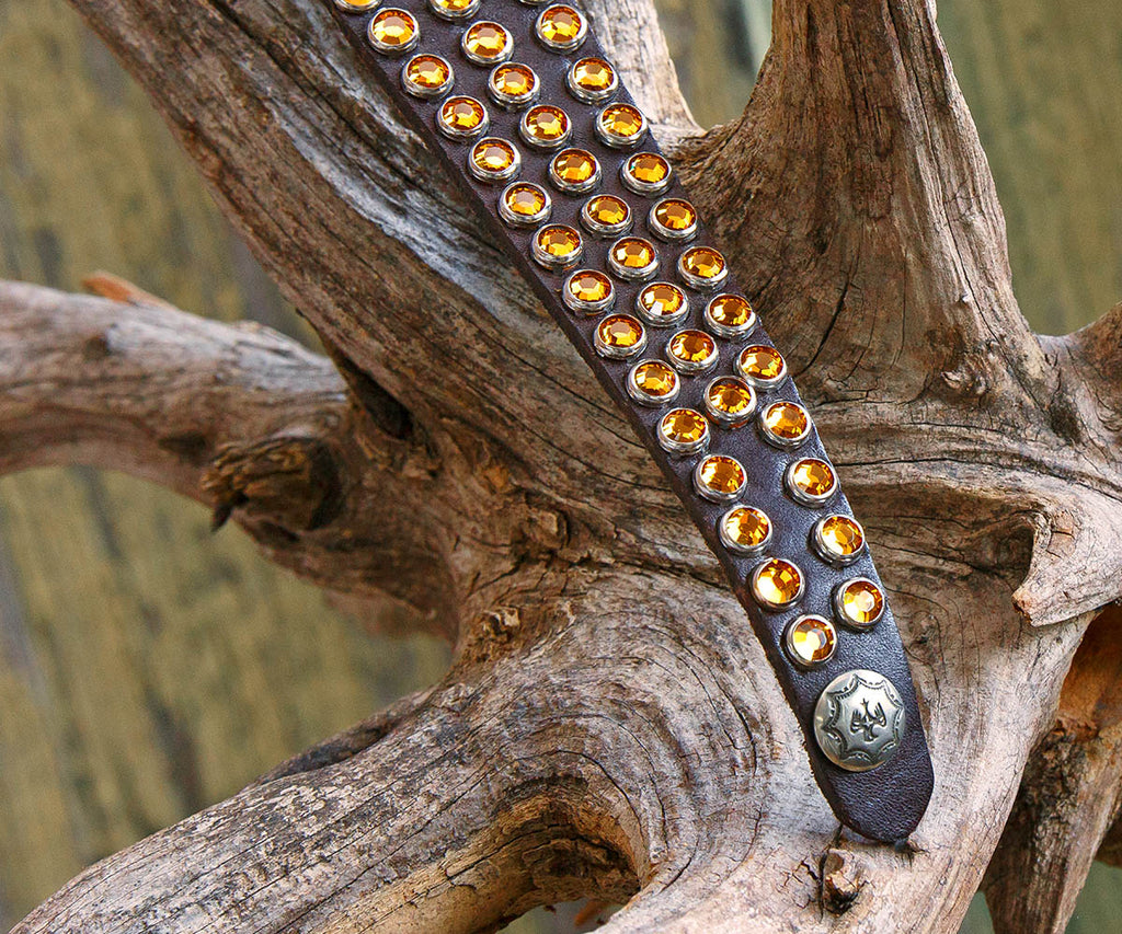 Topaz Swarovski Crystals Leather Bracelet in brown leather - handmade in Texas - Your Western Decor