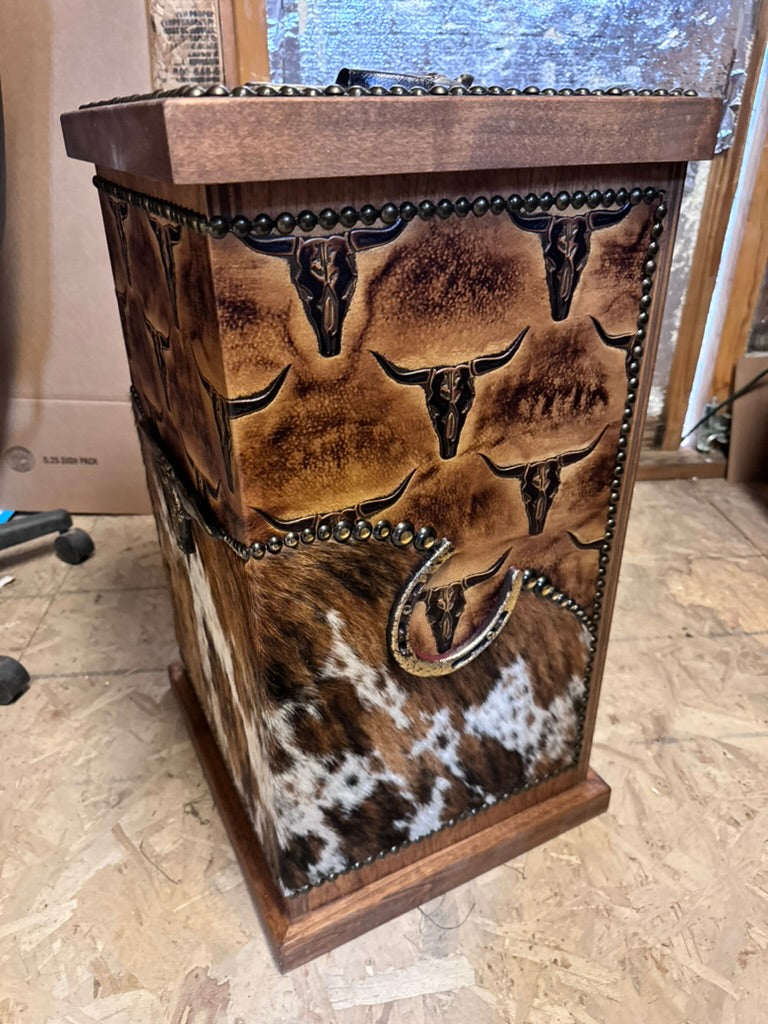 Custom made western hamper with cowhide and leather - Your Western Decor