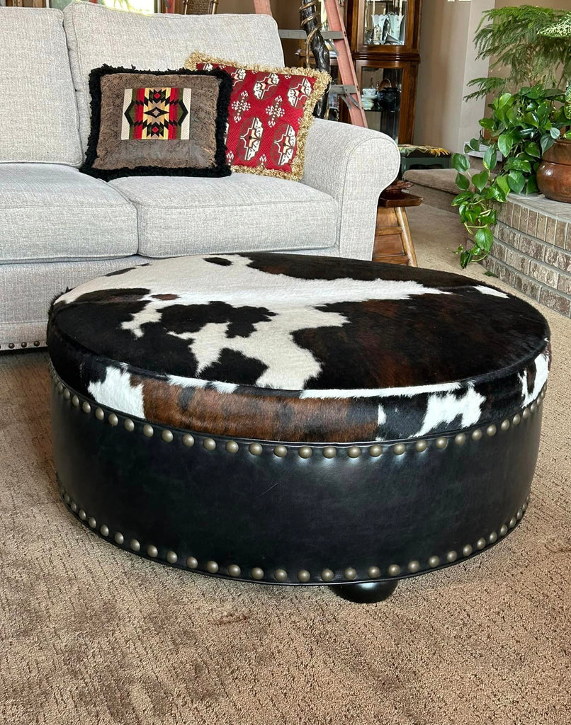 Custom made Cowhide & Black Leather Ottoman made in the USA - Your Western Decor