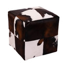 Cube-shaped ottoman with brown and white patchwork pattern on a white background - Your Western Decor