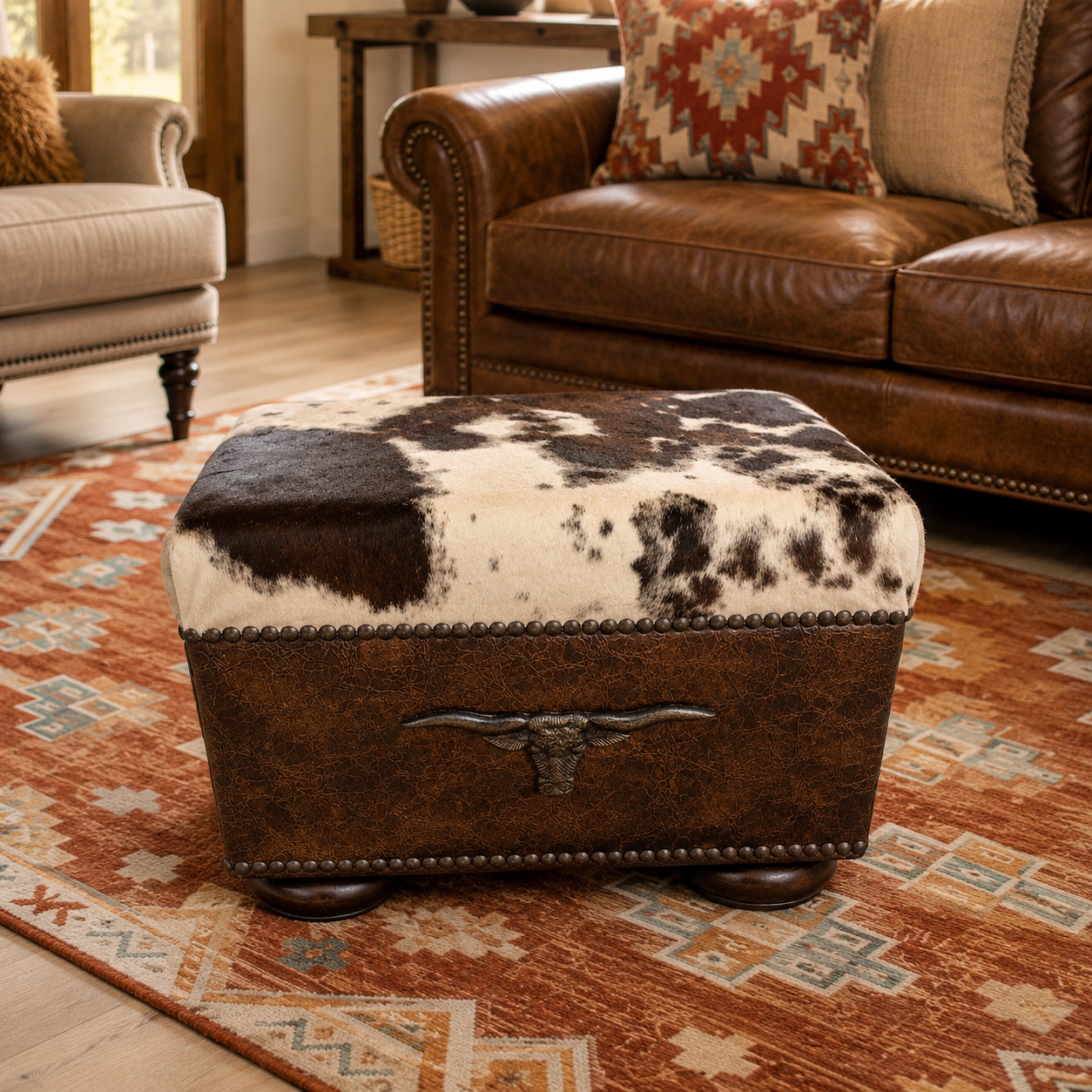 Longhorn Cowhide Ottoman in a bright ranch-style living room with large windows and Southwestern rug.