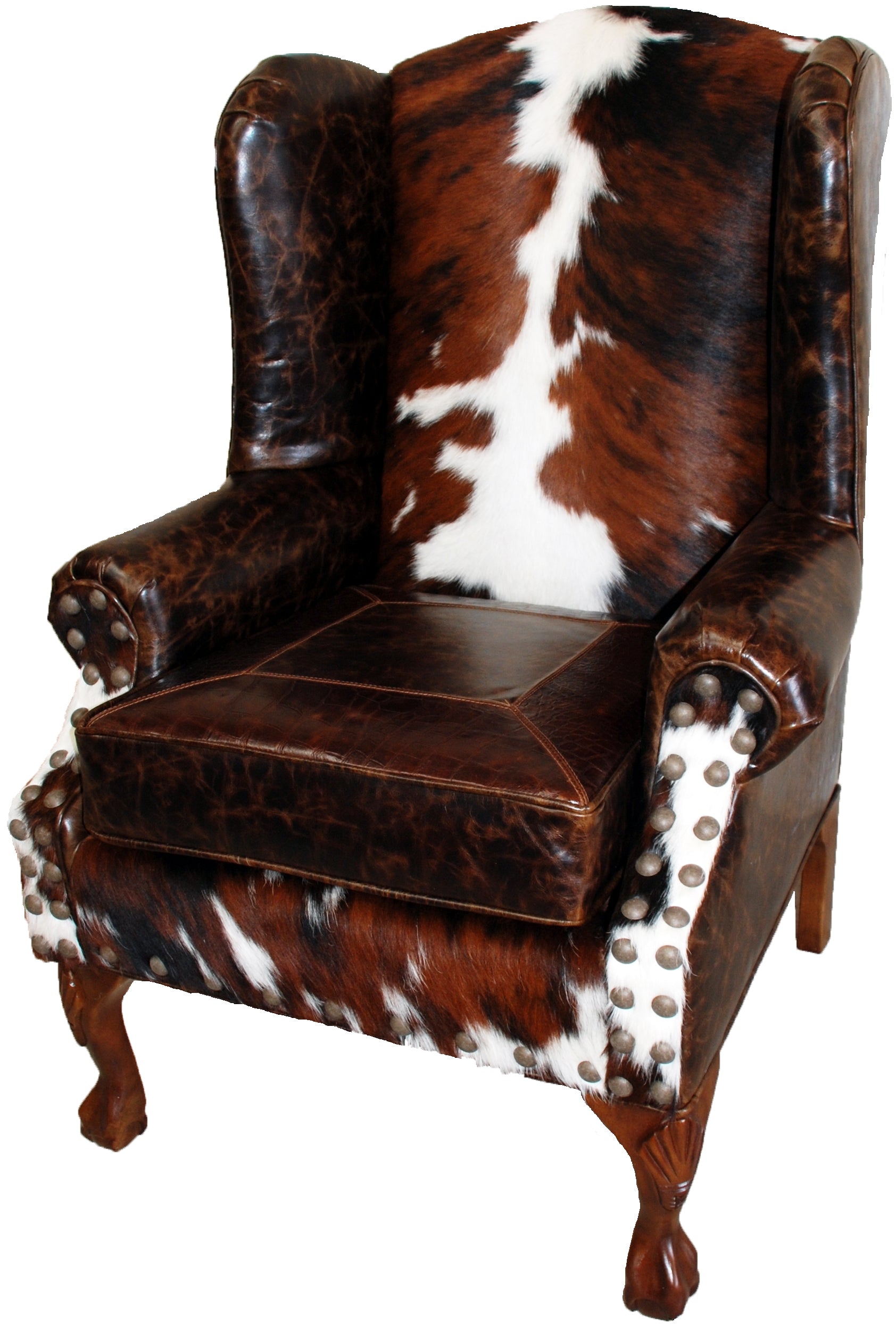 Tri color cowhide and leather wingback western chair - Your Western Decor