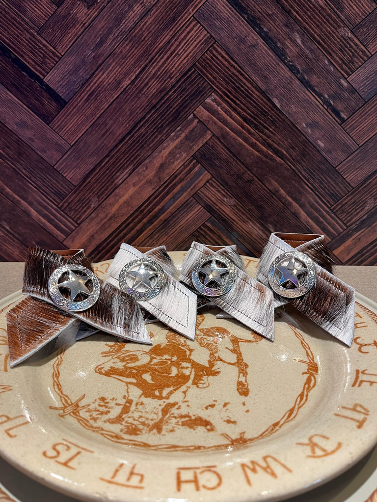 Set of 4 handmade tri color cowhide and lone star concho napkin rings - Your Western Decor