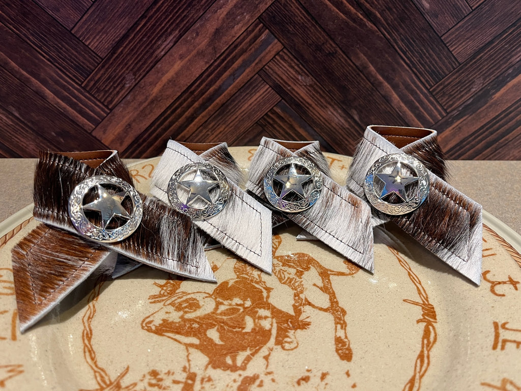 Handmade tri color cowhide napkin rings with lonestar concho - Your Western Decor