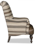 Striped armchair with a brown and beige pattern side view 