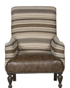Chair with striped pattern fabric and brown leather seat 