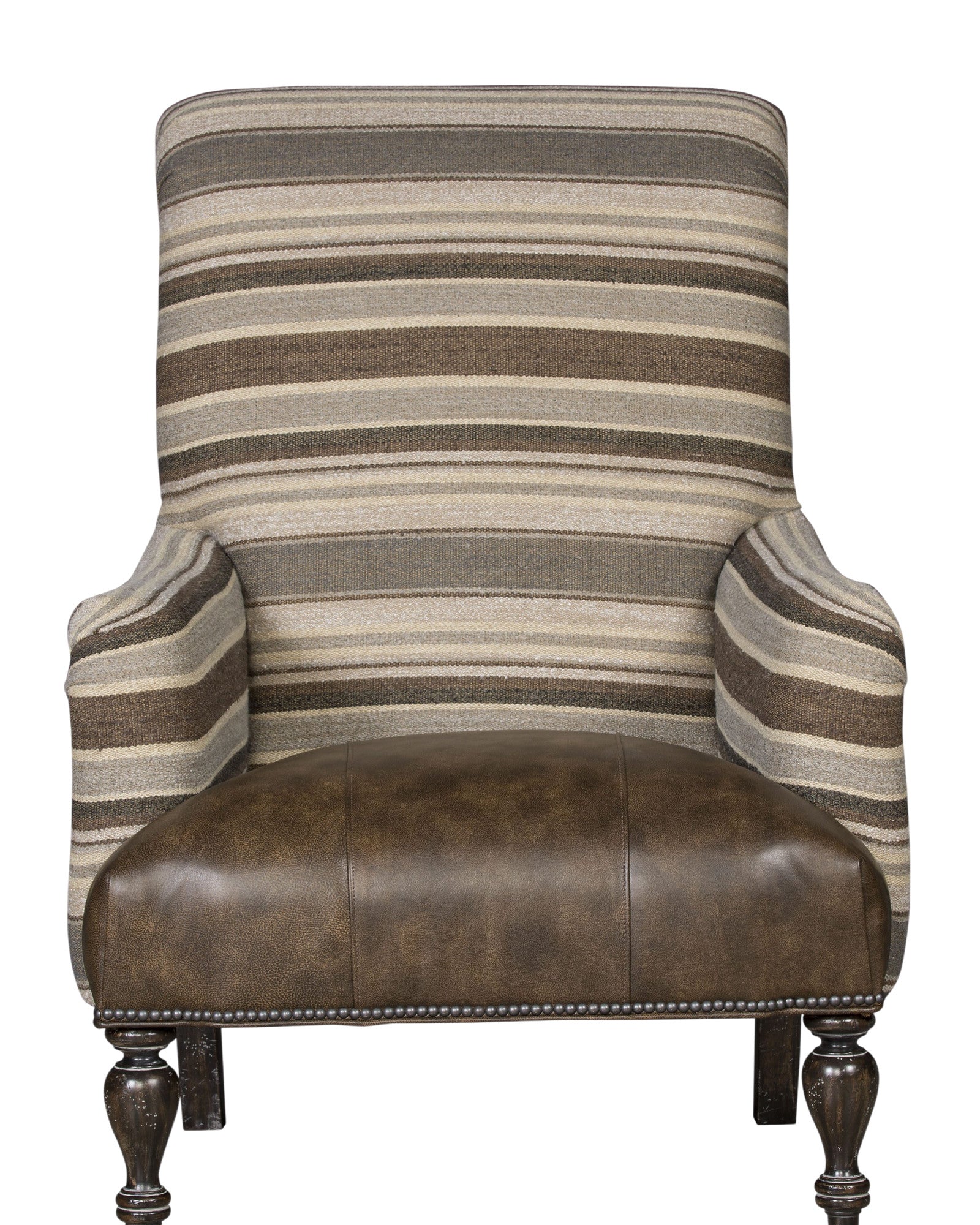 Chair with striped pattern fabric and brown leather seat 