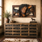 Western horse wall sculpture displayed above rustic sideboard in ranch-style interior