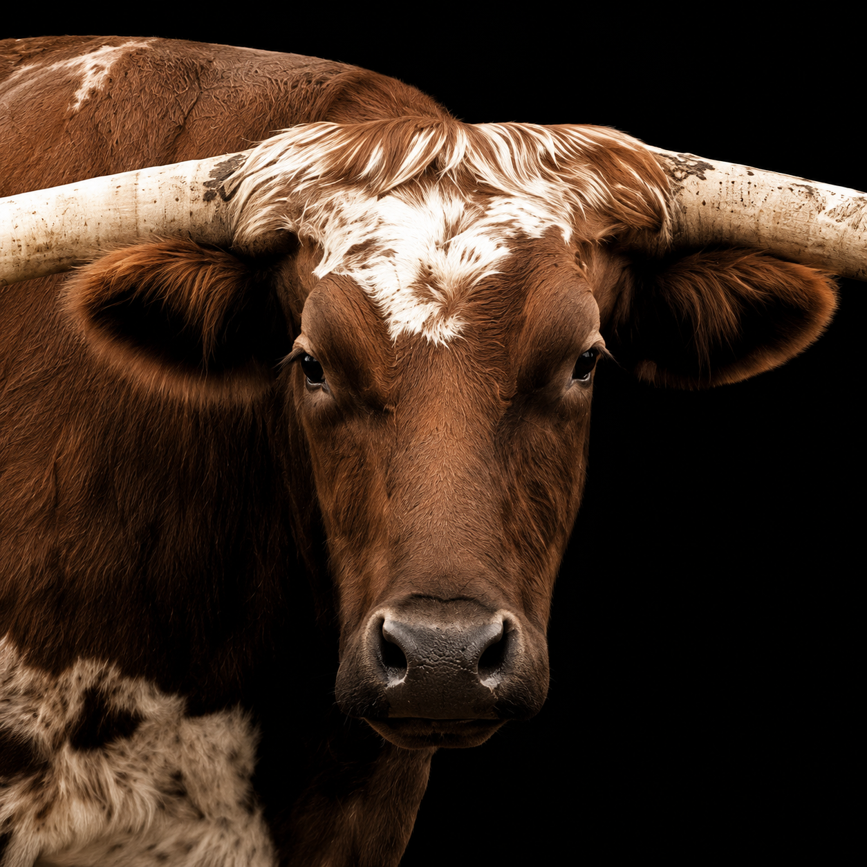 A close-up portrait of a brown and white longhorn steer or with large curved horns, photographed against a solid black background.