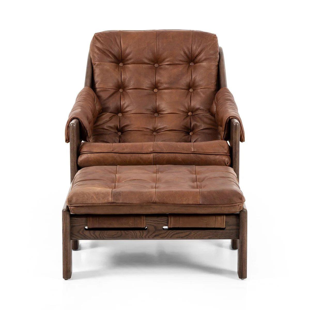 Brown leather tufted sling chair and ottoman - Your Western Decor