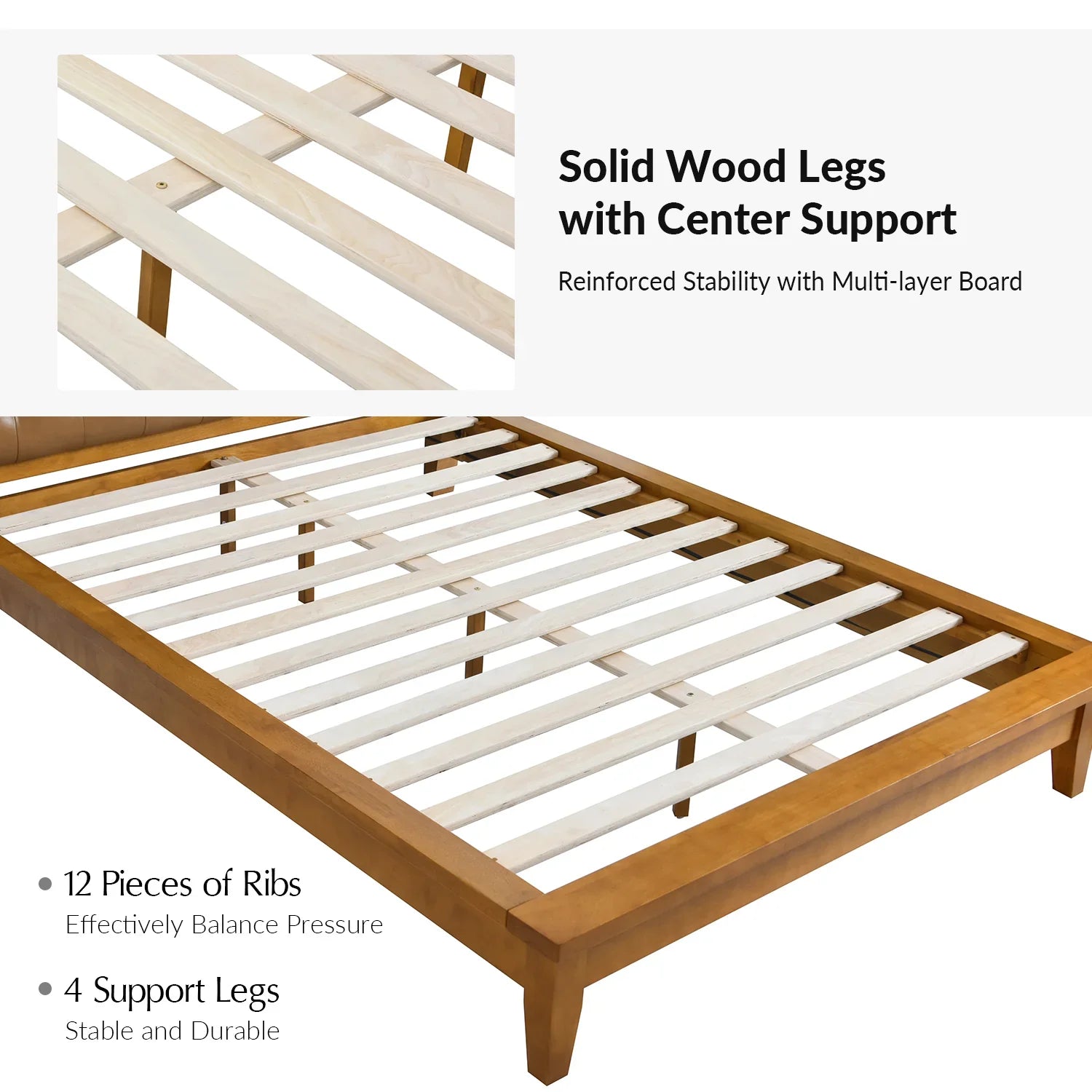 Wooden bed frame with solid wood legs and center support on a white background