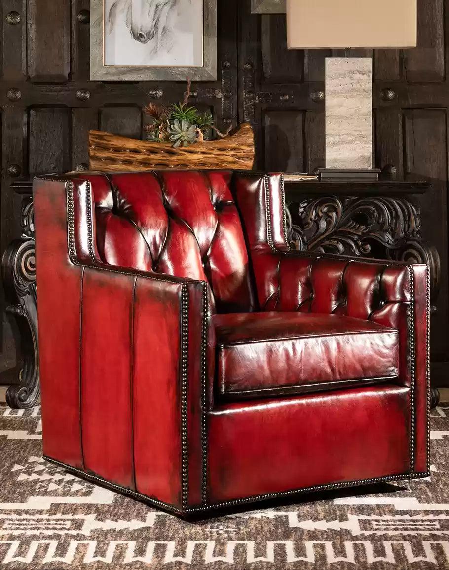 Tufted Burnished Red Leather Swivel Chair made in the USA - Your Western Decor