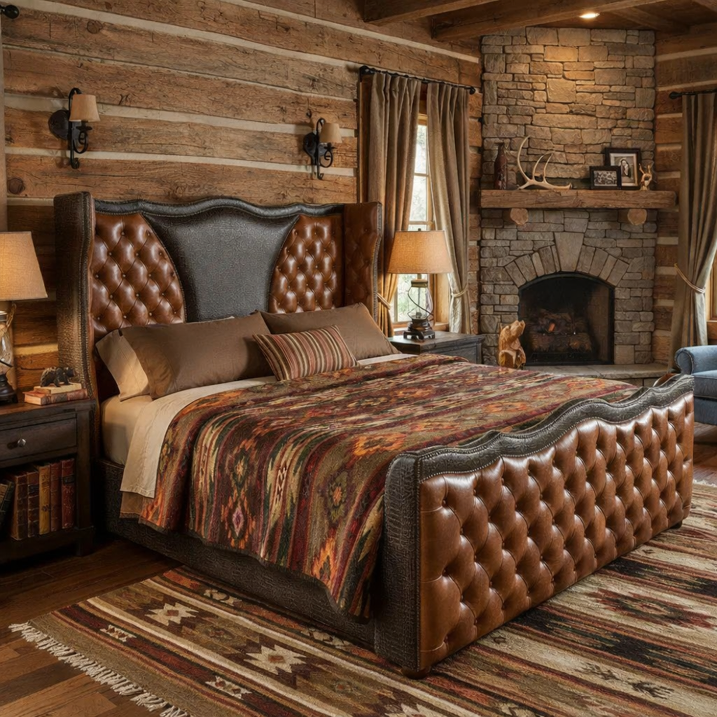 American-made tufted leather bed in luxury Western ranch bedroom with reclaimed wood walls and stone fireplace