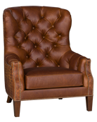Brown tufted leather wing chair with embossed leather outer and nail trim 