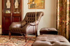 Tufted leather napping chair and two matching ottomans made in the USA upholstered in brown leather - Your Western Decor